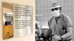 Plaque honoring Dr. Keats next to black and white photo of Anesthetist Keats wearing a surgical mask in the operating room
