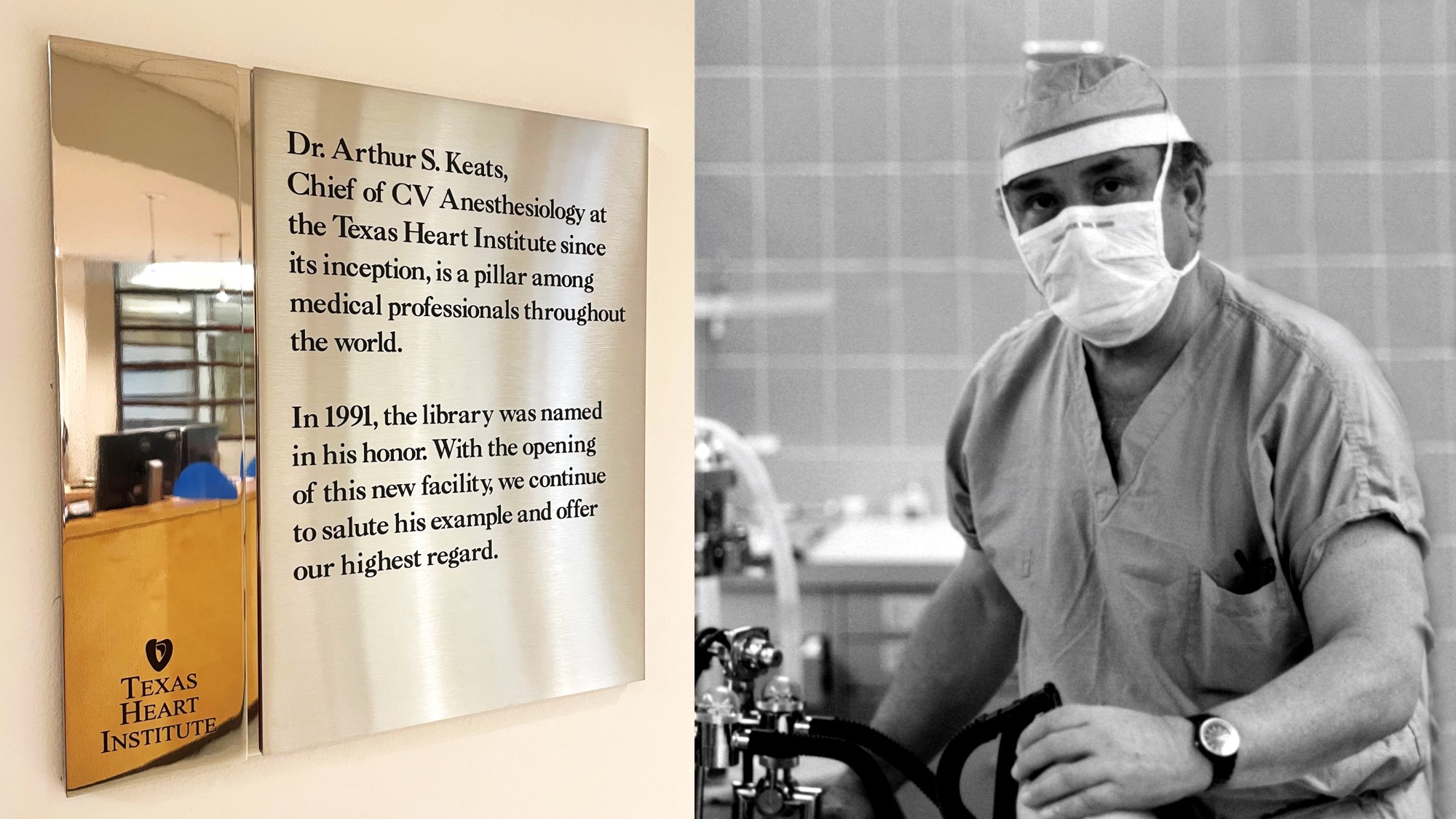 Plaque honoring Dr. Keats next to black and white photo of Anesthetist Keats wearing a surgical mask in the operating room